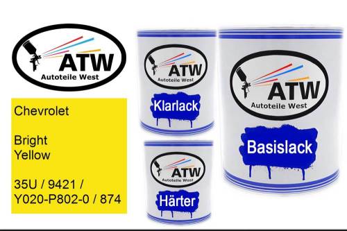 Chevrolet, Bright Yellow, 35U / 9421 / Y020-P802-0 / 874: 1L Lackdose + 1L Klarlack + 500ml Härter - Set, von ATW Autoteile West.